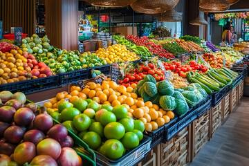 Obraz premium Food market with stall full of asian fruits and vegetables. Thailand fresh groceries