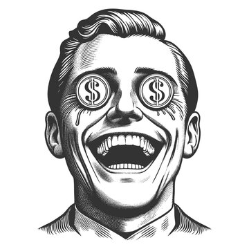 recommend clip art: man with excited expression and dollar signs in his eyes, symbolizing greed or financial ambition sketch engraving generative ai raster illustration. Scratch board imitation. Black and white image.
