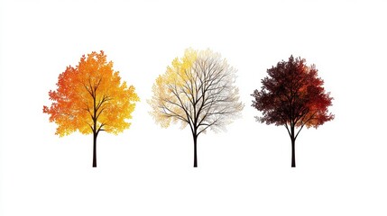 Fototapeta premium Three trees in vibrant autumn colors against a white isolate background.