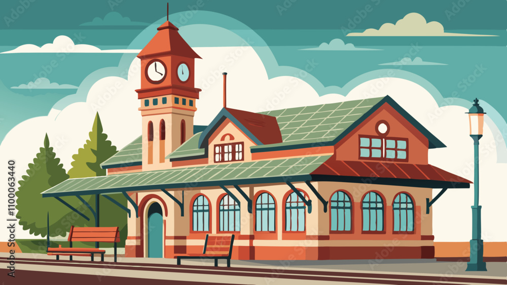 Poster a large brick building with a clock tower and a bench