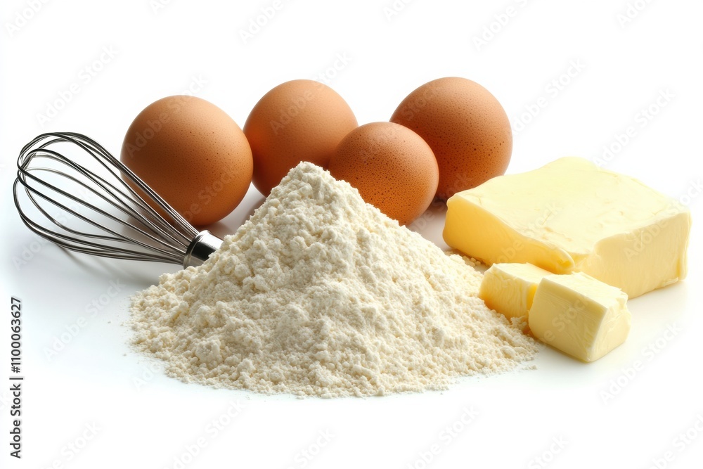 Poster baking essentials like flour, fresh eggs, a whisk, and butter are neatly arranged on a white backgro