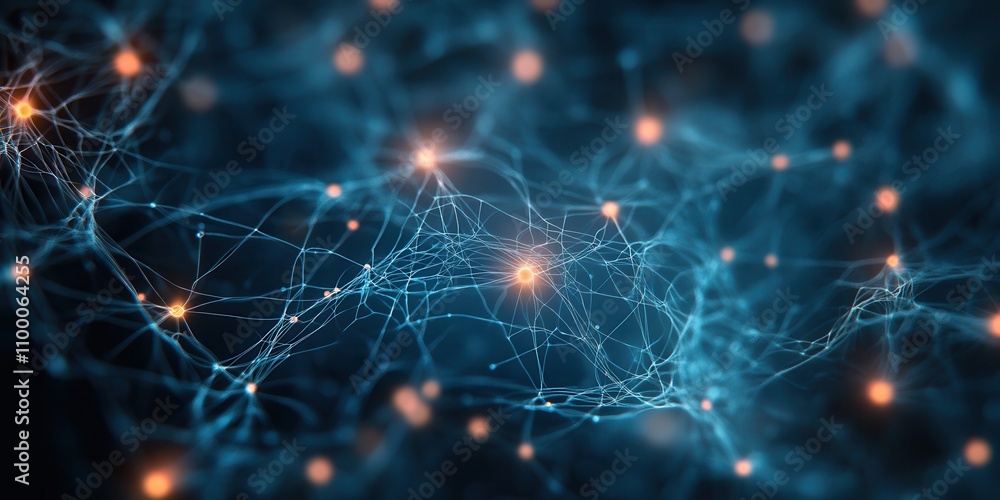 Fototapete A vibrant network of interconnected lines and nodes, resembling a digital ecosystem or neural network, illuminated by glowing points of light.
