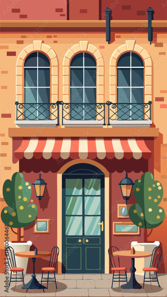 Poster a building with a red and white awning and a green tree in front of it