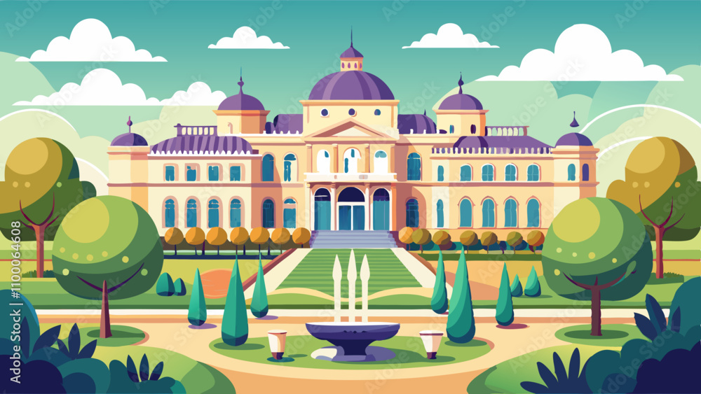 Poster a large building with a fountain in front of it