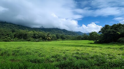 Serene Mountain Valley Landscape with Lush Green Fields