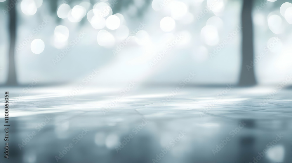 Poster serene, dreamy background with blurred bokeh lights and a smooth, reflective surface, ideal for prod