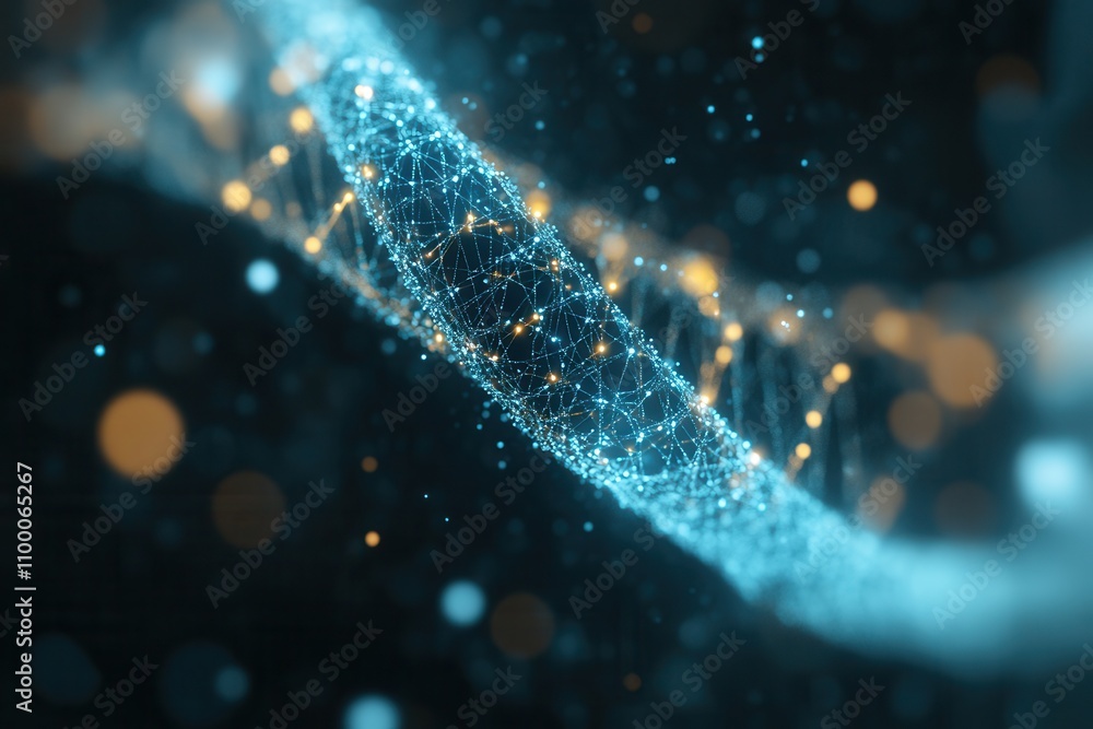 Poster a vibrant, digital representation of a dna helix, showcasing interconnected particles and glowing no