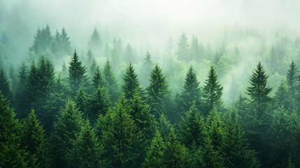Fototapeta premium Top view of a pine forest blanketed in soft mist