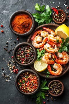 Colorful pink shrimp accompanied by a variety of spices and herbs, all arranged beautifully on a rustic surface, highlighting a delicious culinary display