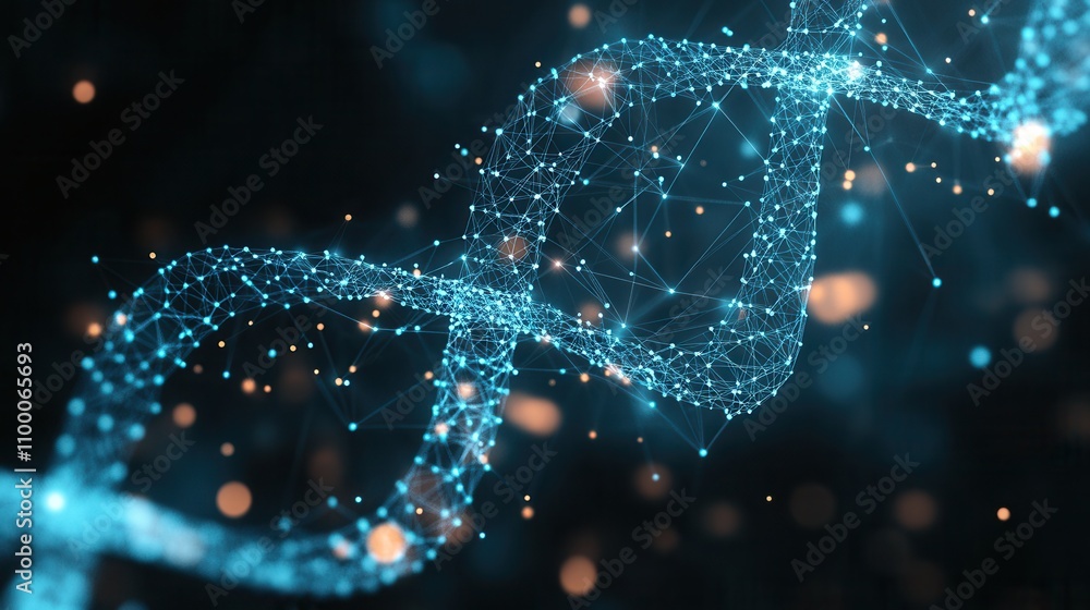 Poster The image showcases a glowing DNA strand composed of luminous particles, symbolizing the complexity of genetic information and molecular biology.