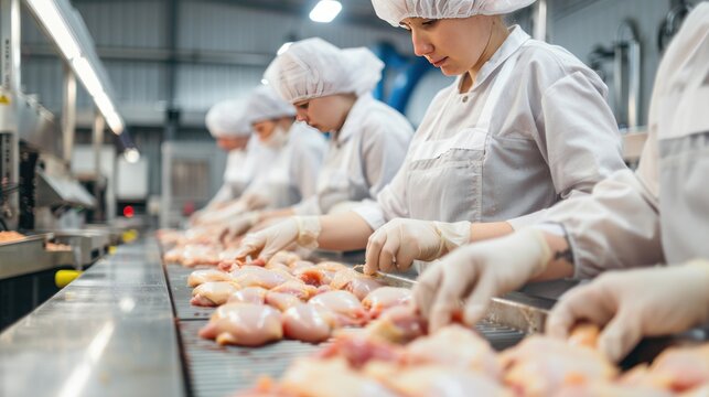 photograph of Poultry processing factory workers packaging fresh chicken breasts wide angle lens