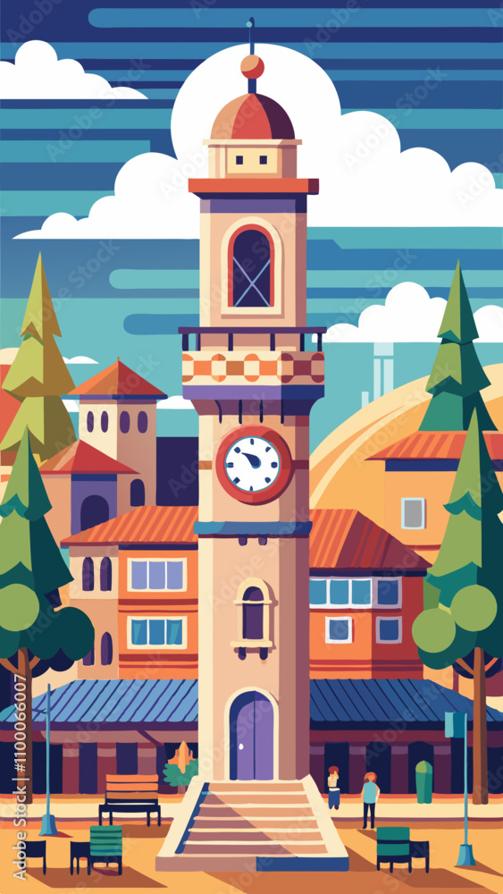 Poster a tall clock tower with a clock on it sits in front of a city