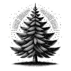 Elegant black and white engraved Christmas tree graphic design.