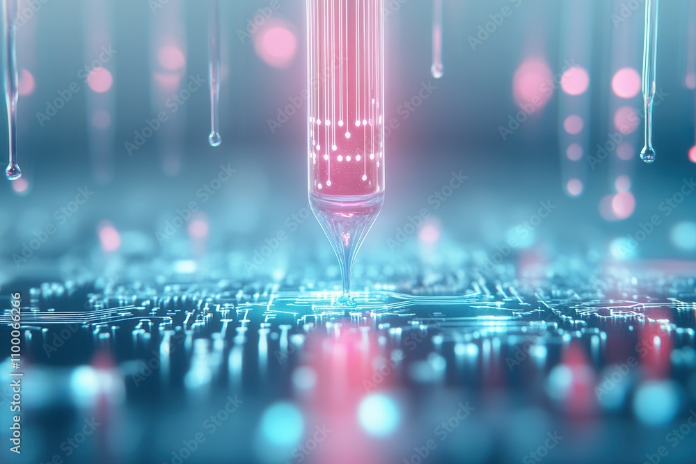 Poster A futuristic image depicting a dropper releasing liquid onto a circuit board, blending technology and innovation with a vibrant color palette.