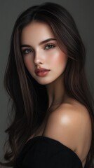 Fototapeta premium Captivating portrait of a young woman with flawless skin, dark flowing hair, and striking features against a shadowy background, exuding elegance and allure.