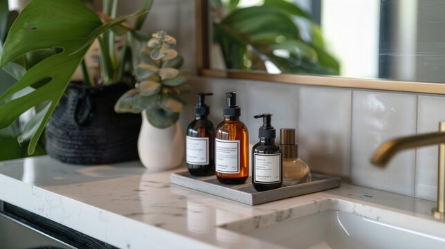 photograph of Premium anti aging skincare and grooming products for men showcased on a sleek bathroom vanity counter with natural green plant accents 