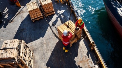 Workers Lifting Wooden Crates on a Cargo Ship at a Busy Port