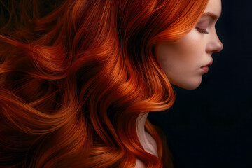Naklejka premium close-up portrait of a woman with vibrant, flowing red hair, ideal for use in hair care product promotions, beauty editorials, salon marketing, or fashion-related content showcasing hair health