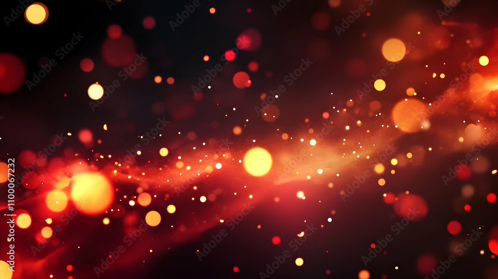 Poster abstract red and orange bokeh lights background with glowing particles.