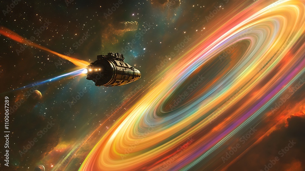 Poster spaceship navigating a colorful cosmic ring nebula