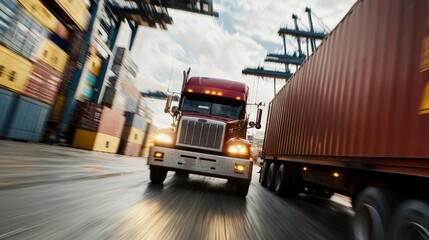 Fototapeta premium Red Freight Truck Driving Through Busy Shipping Port with Containers