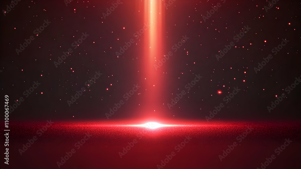 Poster Red light beam shining down on textured surface with red sparkling particles in dark background.