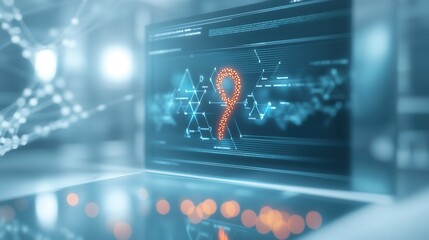 A digital screen displays a glowing question mark amidst abstract data visuals, symbolizing inquiry and technology.