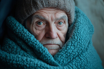 A fevered elderly man wrapped in thermal blanket, symptomatic expression, recovering from a cold.