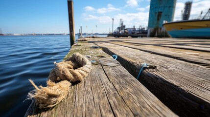 Obraz premium Close-up of Weathered Dock Planks with Rope and Calm Water