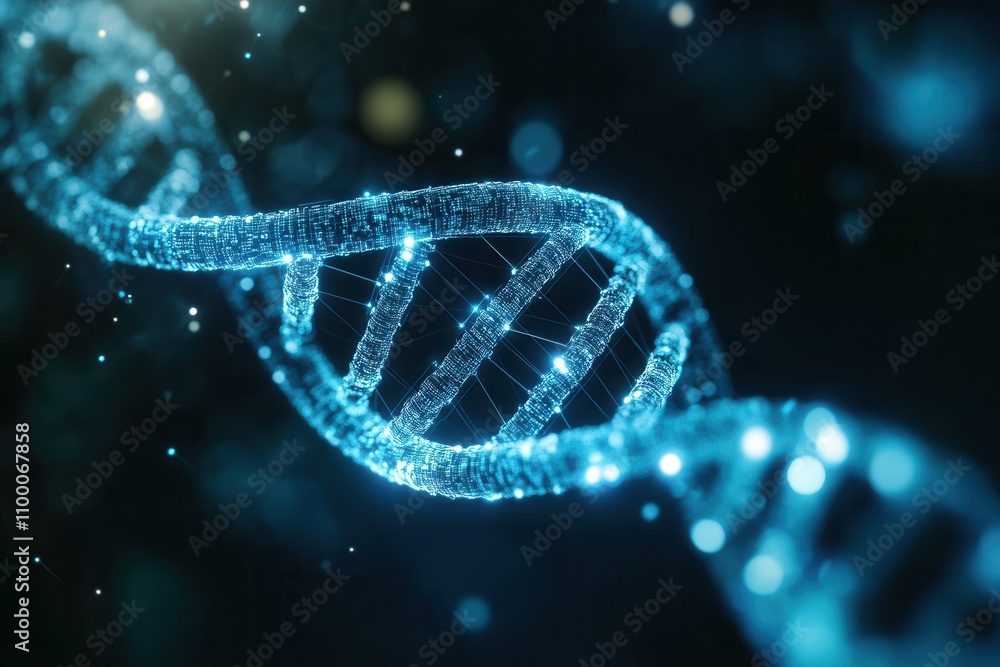 Poster a shimmering blue dna double helix structure, symbolizing genetics and biotechnology, set against a 