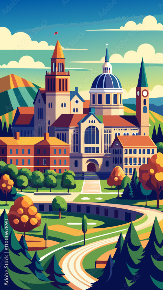 Poster a cityscape with a large building in the background