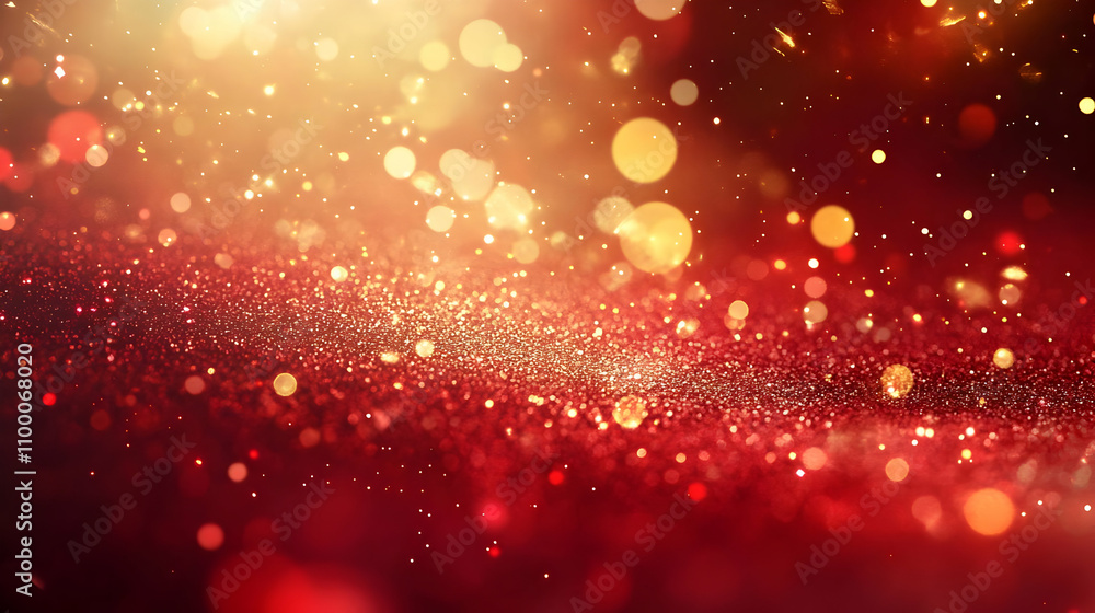 Poster red and gold glitter bokeh background with sparkling lights and particles. perfect for holidays, cel
