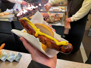 Traditional german grilled roasted sausage bratwurst with mustard in wheat bun in female hand close...