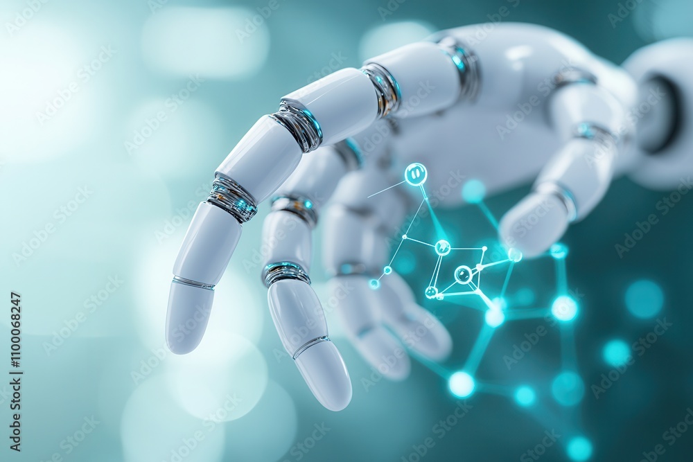 Poster a robotic hand reaches out, interacting with digital nodes, symbolizing advanced technology and the 