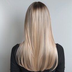 Naklejka premium Blonde woman with long straight hair from behind.