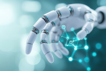A robotic hand reaches out, interacting with digital nodes, symbolizing advanced technology and the fusion of humanity with artificial intelligence.