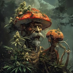 A painting of a bearded man wearing a mushroom hat