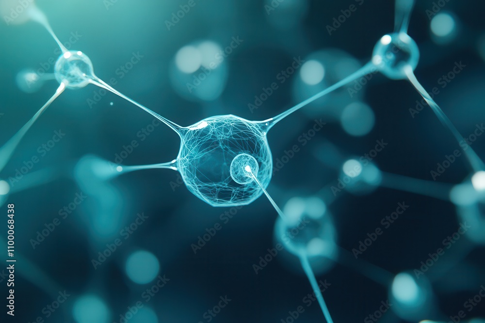 Poster A close-up view of interconnected cells, showcasing a molecular structure with a blue and teal color scheme, emphasizing scientific and biological elements.