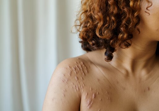 Female with keloid scars on shoulder and curly hair