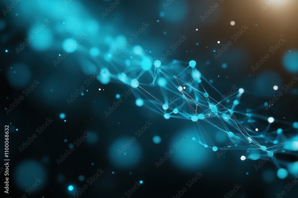 Poster A dynamic abstract representation of interconnected blue dots and lines, symbolizing technology, data, and network interactions.
