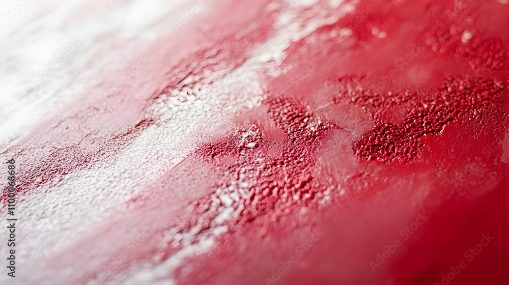 Poster close-up abstract texture of red and white paint, showing a blend of colors and granular surface.