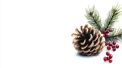 Fototapeta premium Pinecone and holly berries with green pine needles, white isolate background.