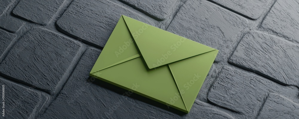 Aufkleber register confirmation conceptual. a green envelope rests on a textured gray surface, symbolizing com