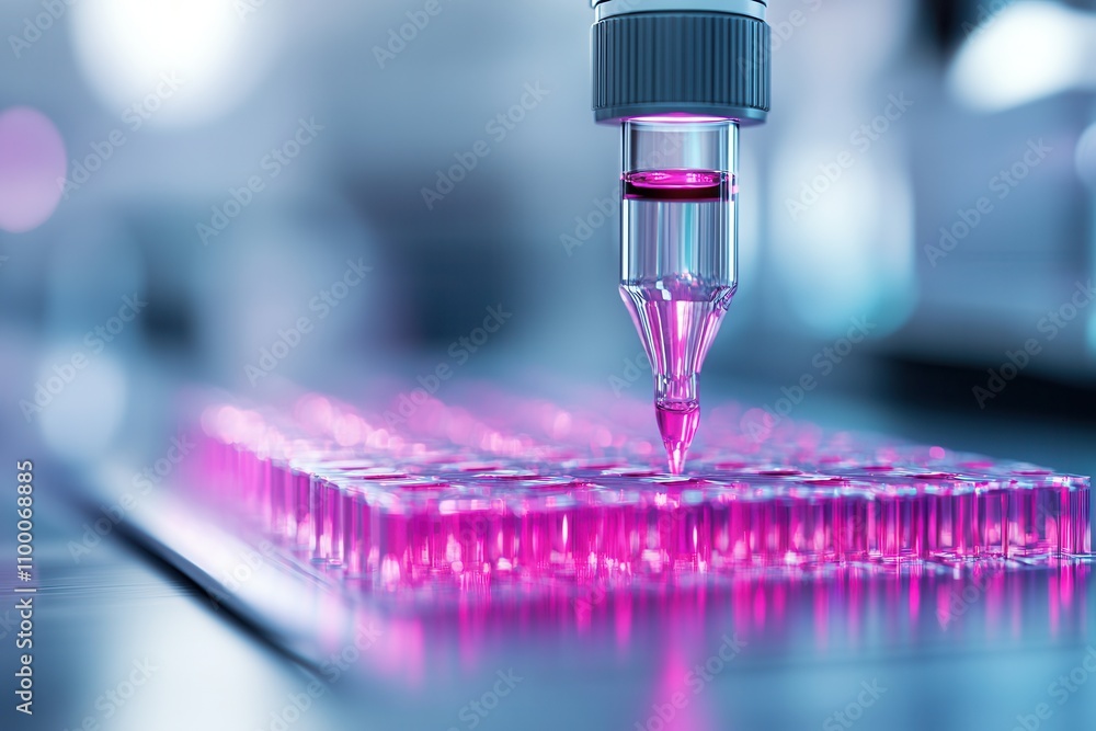Poster a pipette dispenses vibrant pink liquid into a multi-well plate, showcasing a precise laboratory pro
