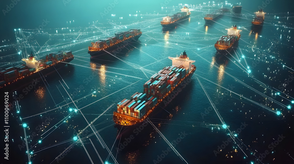 Poster aerial view of cargo ships navigating a complex network of global trade routes with digital lines co
