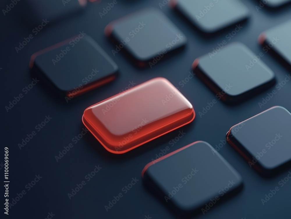 Poster a close-up view of a glowing red button among dark keys, symbolizing focus and interactivity in digi