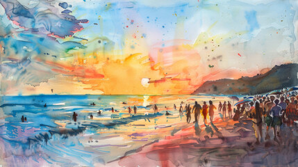 Naklejka premium Vibrant watercolor scene of a beach sunset with silhouettes of people enjoying the shoreline.