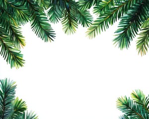 Pine leaves framing a white background, ideal for Christmas or nature themes.