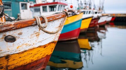 Rustic Fishing Boats with Reflections on Calm Water Surface
