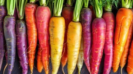 photograph of Rainbow carrots close up, vegetable background, top view wide angle lens